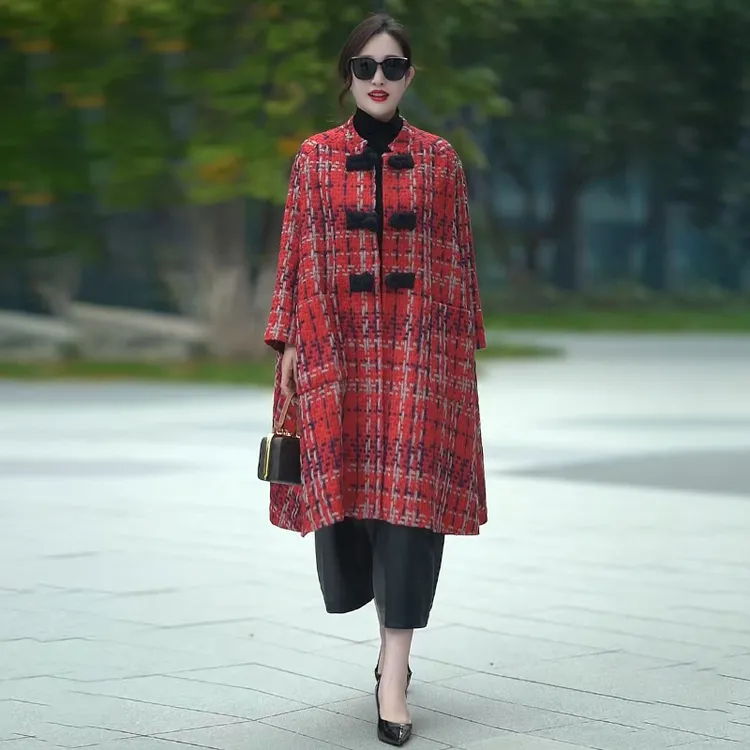 H秋冬新款原创欧货阔太太复古毛呢格子风衣外套气质大码宽松大衣