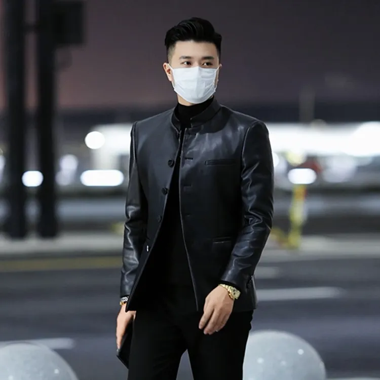 立领皮西装外套男士秋冬2025新中式痞帅男高级感复古修身皮衣西服