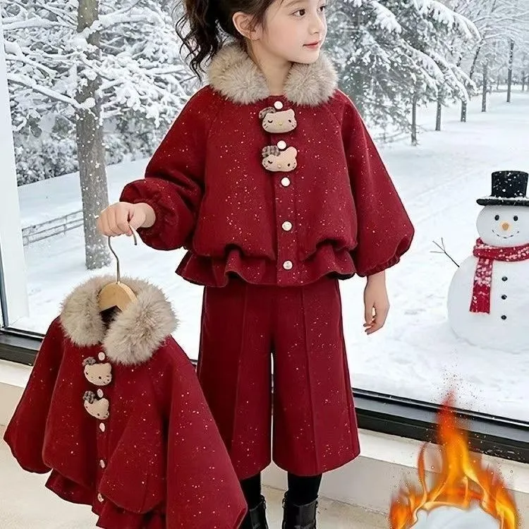 女童冬季新款加绒加厚洋气女孩拜年服套装时髦宝宝三件套过年衣服