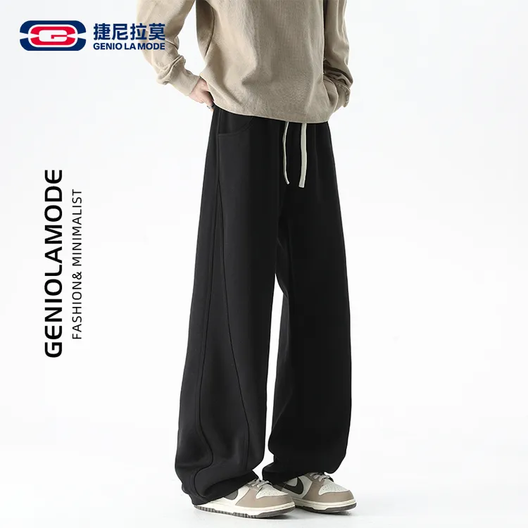 【敖瑞鹏代言】GENIOLAMODE黑色直筒休闲裤男加绒宽松运动弯刀卫裤