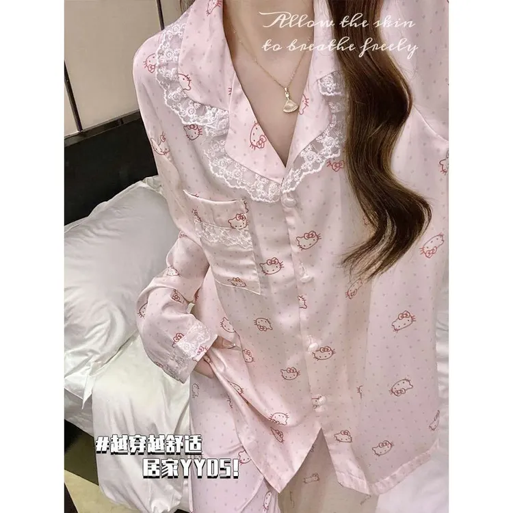 FAVMARTHAkitty睡衣女春秋季冰丝绸长袖可爱2025新款高级感夏天短