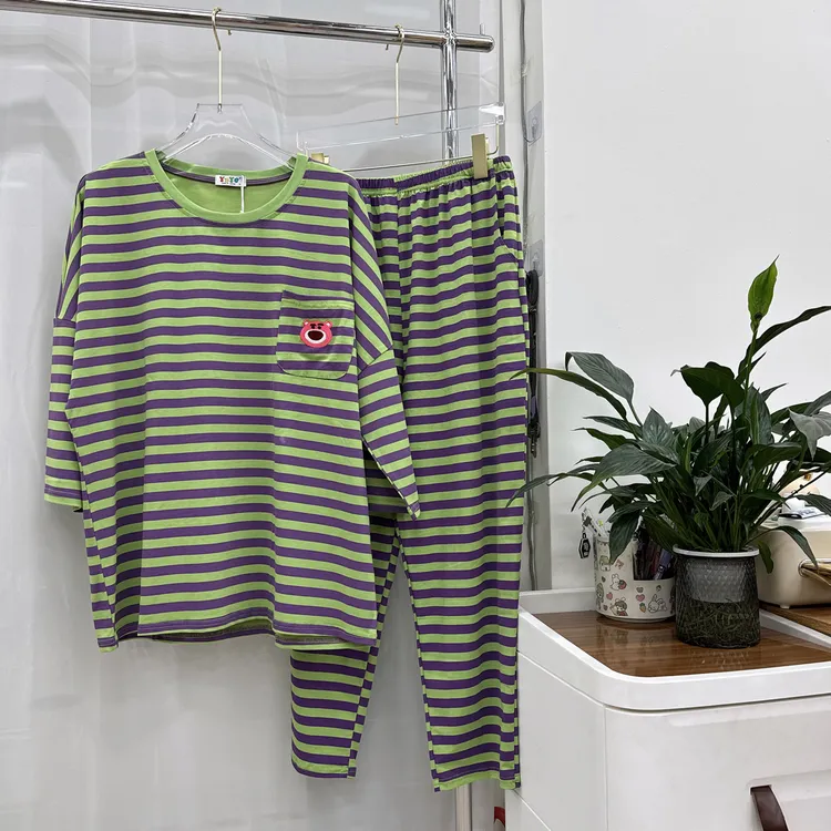 春秋季条纹圆领八分袖长裤棉质女士睡衣家居服套装