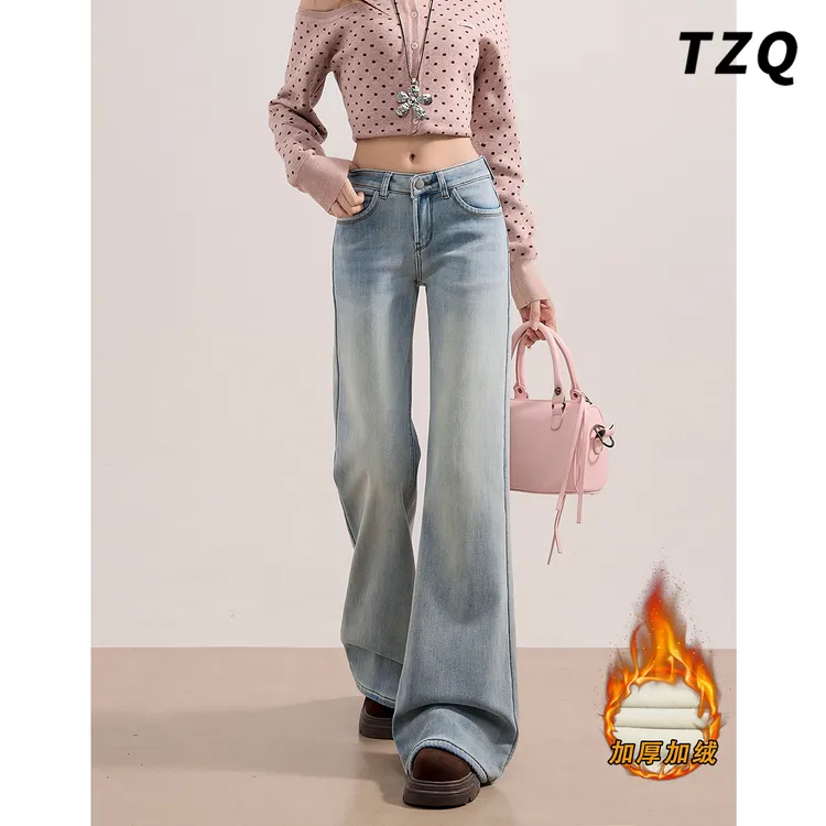 复古浅蓝色低腰微喇牛仔裤女款2025秋冬加绒厚款修身显瘦喇叭裤子
