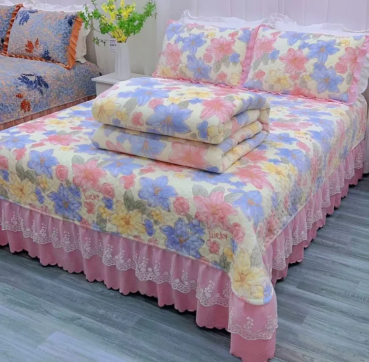 加厚夹棉牛奶绒床盖款四件套冬季保暖韩式蕾丝花边可机洗床罩床盖