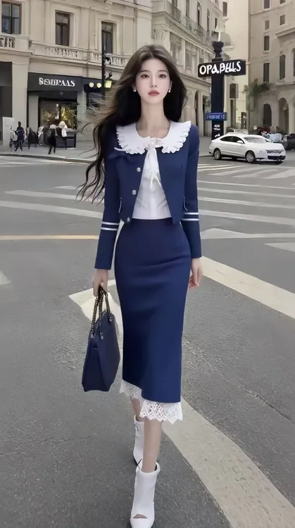 休闲风显瘦穿搭长袖短款外套百搭内搭包臀蕾丝边半裙深蓝色三件套