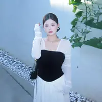 王葡萄【黑白恋人】微胖MM法式温柔撞色拼接抹胸大码连衣裙DM1326