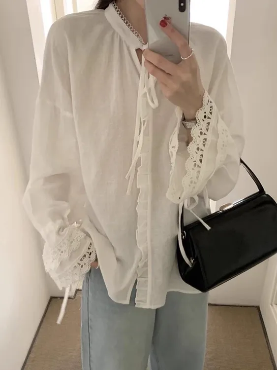 丽子小姐专属法式蕾丝拼接花边系带衬衫2025早秋女设计感小众衬衣V领系带上衣
