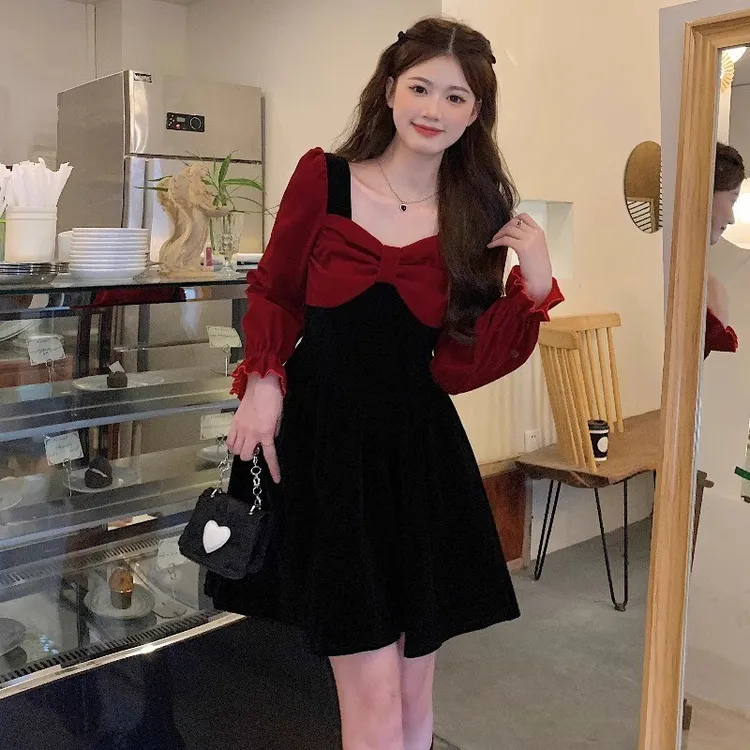 法式赫本风长袖洋装女秋冬季20254新款蝴蝶结小个子气质显瘦短裙