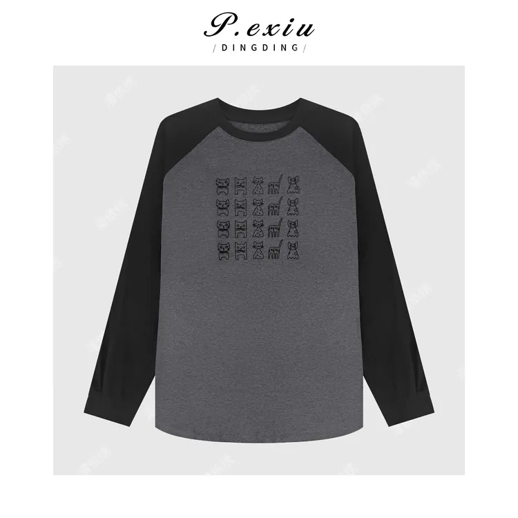 加厚磨绒韩系减龄植绒印花长袖T恤 G9205