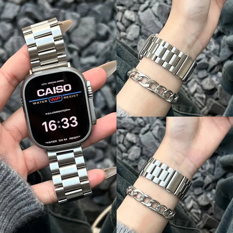 适用苹果手表S10表带ApplewatchS9实心金属不锈钢S8商务腕带Ultra