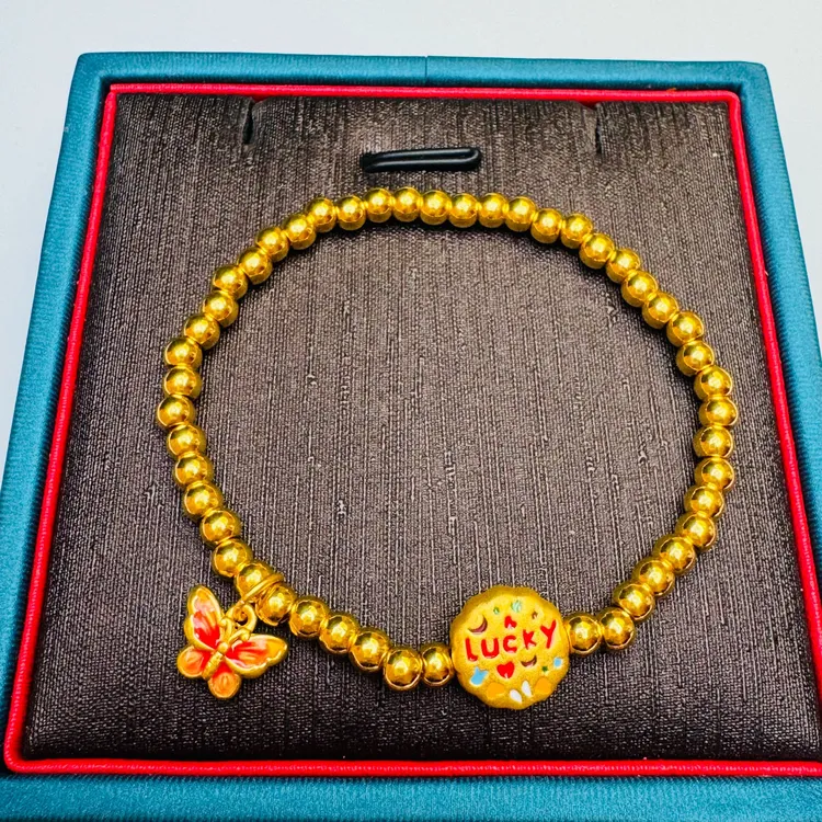 88#足金999 珐琅彩月饼蝴蝶金珠手串 卡4金珠48颗
