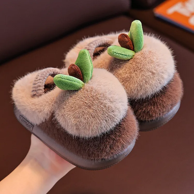 儿童保暖棉拖鞋秋冬防滑宝宝拖鞋儿童毛毛棉拖室内女童棉拖鞋苹果