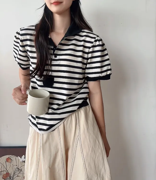 2025夏款短袖条纹泡泡秀娃娃领透气潮流女装上衣短袖T恤十三行货