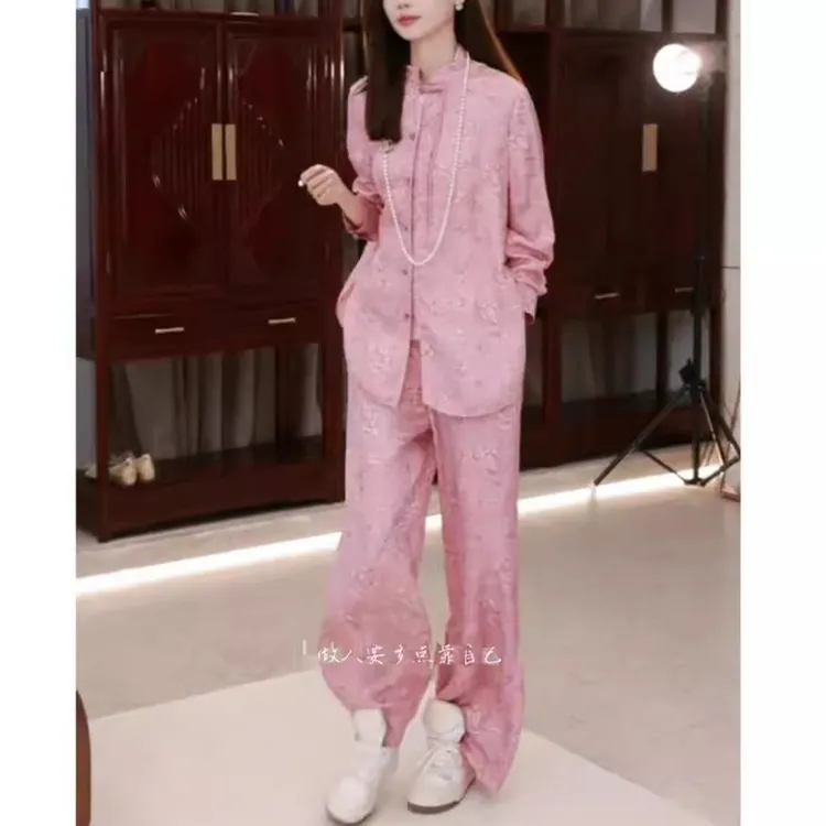 粉色印花外套长裤两件套女夏季新款新中式国风气质时尚高级感减龄