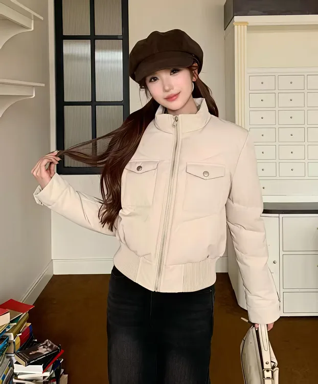 韩系短款立领加厚夹克收腰羽绒服女2025冬季新款百搭时尚棉服外套