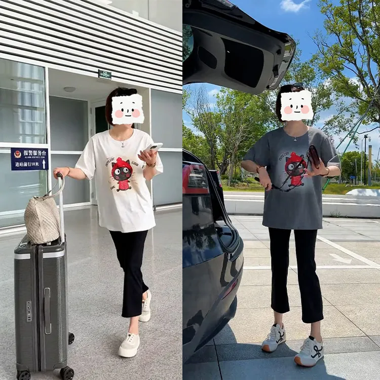 2025夏季减龄套装女时尚宽松卡通印花短袖上衣修身九分裤两件套装