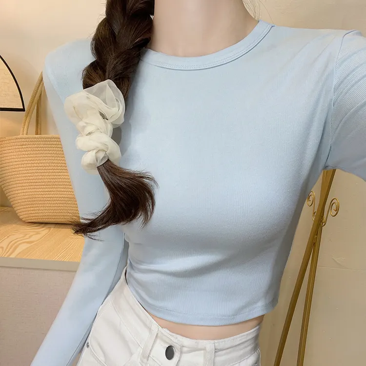 正肩圆领长袖打底衫女2025秋冬针织修身辣妹显瘦收腰露肚脐上衣