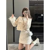 【朵拉】大码女装2025秋季新款气质小香风套装胖mm显瘦袖毛领两件套