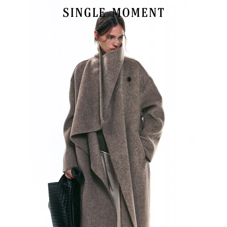 SINGLE MOMENT 25AW冬季高级感保暖立领长款全羊毛双面呢大衣外套