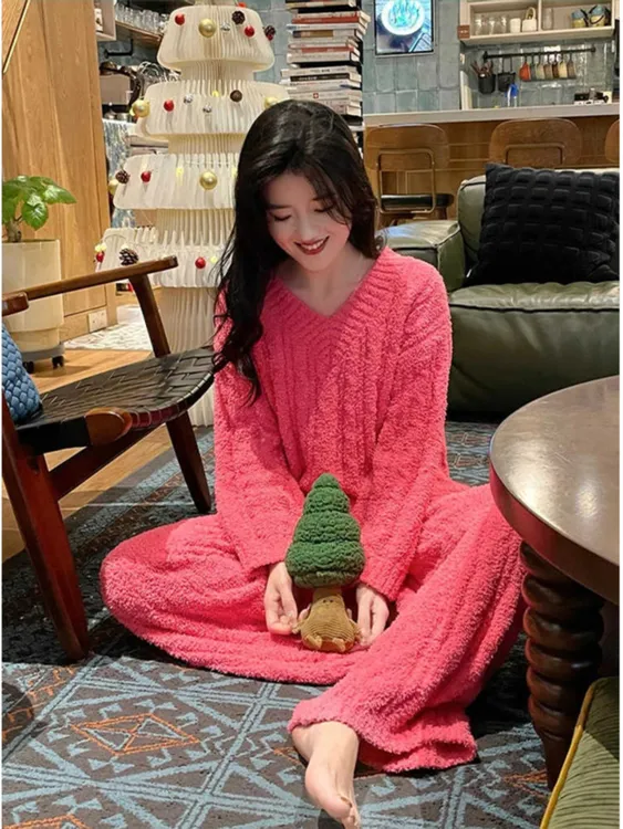高级感纯色半边绒睡衣女款冬季甜美加厚针织保暖家居服套装可外穿