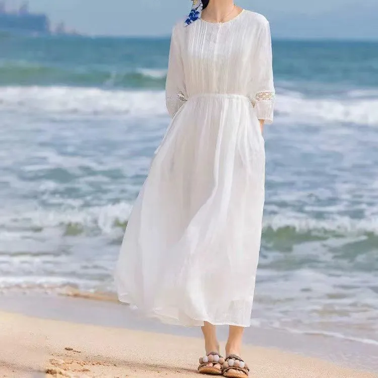 全网爆款大码春夏新款圆领飘逸天丝麻棉麻度假风仙女长款连衣裙否