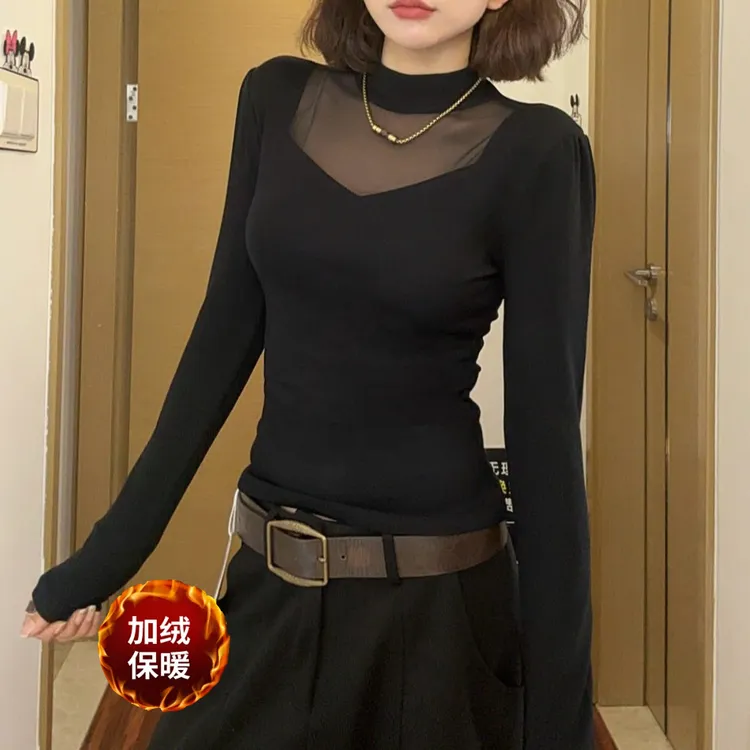 （加绒 现货先发）2025秋冬设计感网纱拼接上衣T恤打底衫女修身长袖