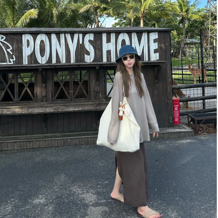 高端货~凉感罩衫轻透凉感慵懒感宽松圆领长袖防晒T恤女休闲上衣