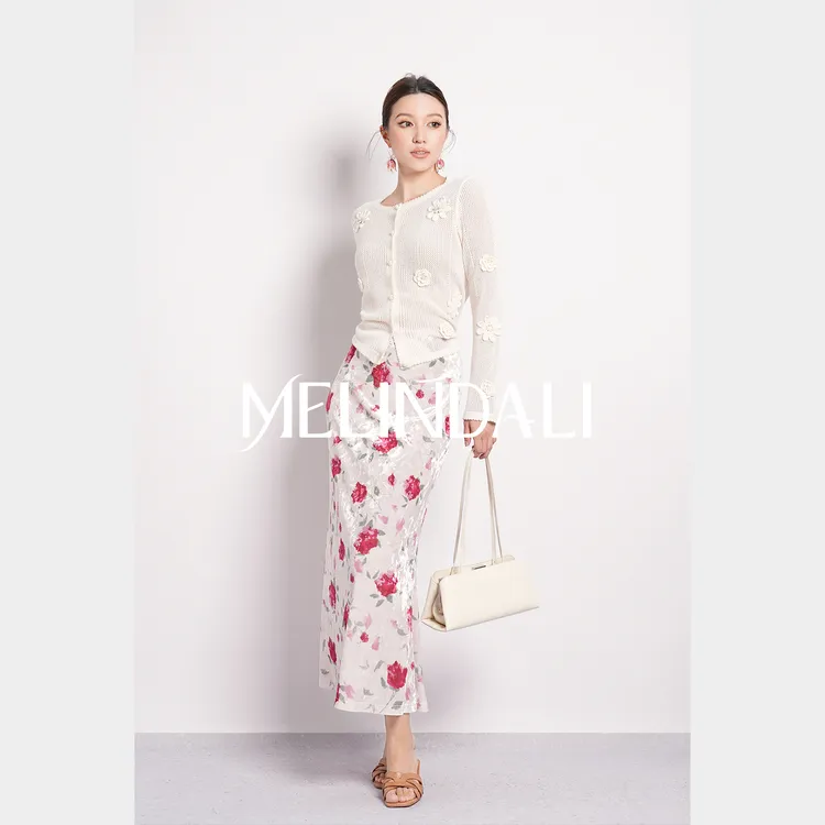 Melinda Li【白雪玫瑰】优雅气质弹力丝绒橡筋腰玫瑰印花修身半身裙