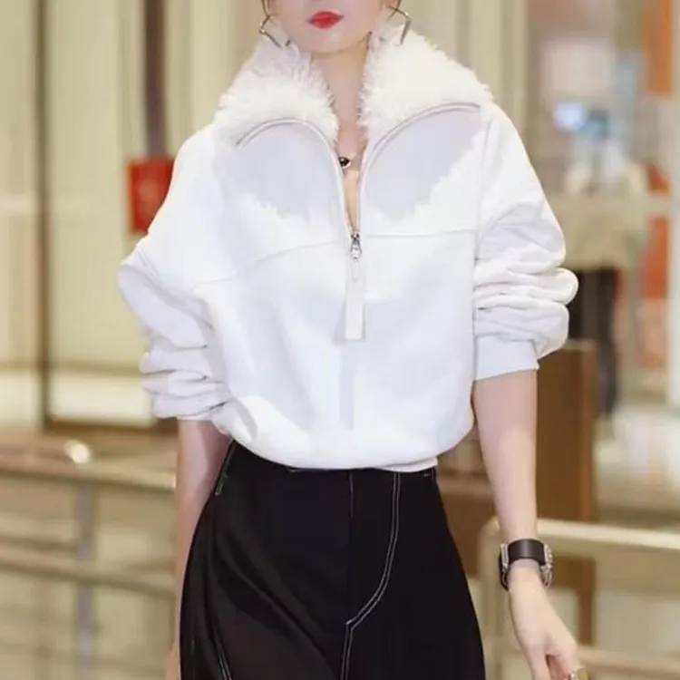 2026秋冬新款毛领设计感打底衫上衣加绒保暖大码百搭显瘦卫衣小衫