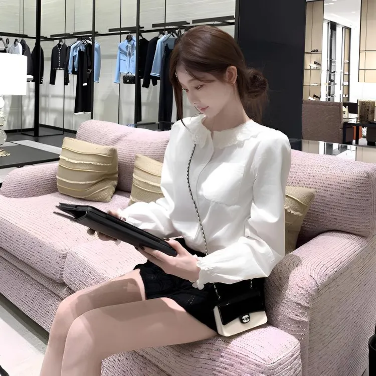 miu系蕾丝白色泡泡袖衬衫女秋季新款甜美纯欲长袖衬衣小个子上衣
