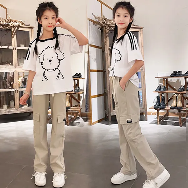 女童短袖T恤套装2025夏季新款中大童韩版半袖上衣学生百搭休闲裤