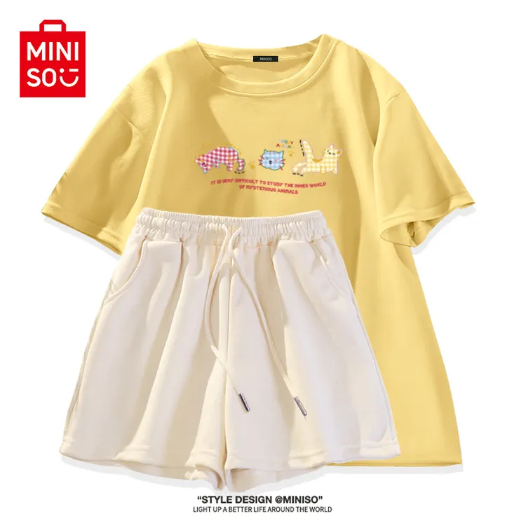 名创优品纯棉短袖女阔腿短裤宽松休闲两件套女士洋气时尚运动套装