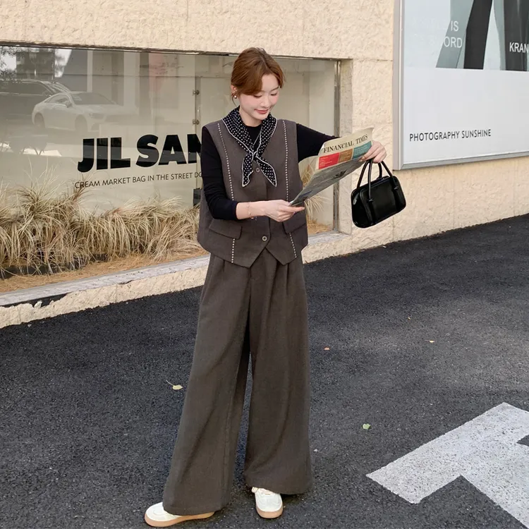美拉德咖色简约马甲阔腿裤2025春秋新款韩系ins通勤风复古套装裤