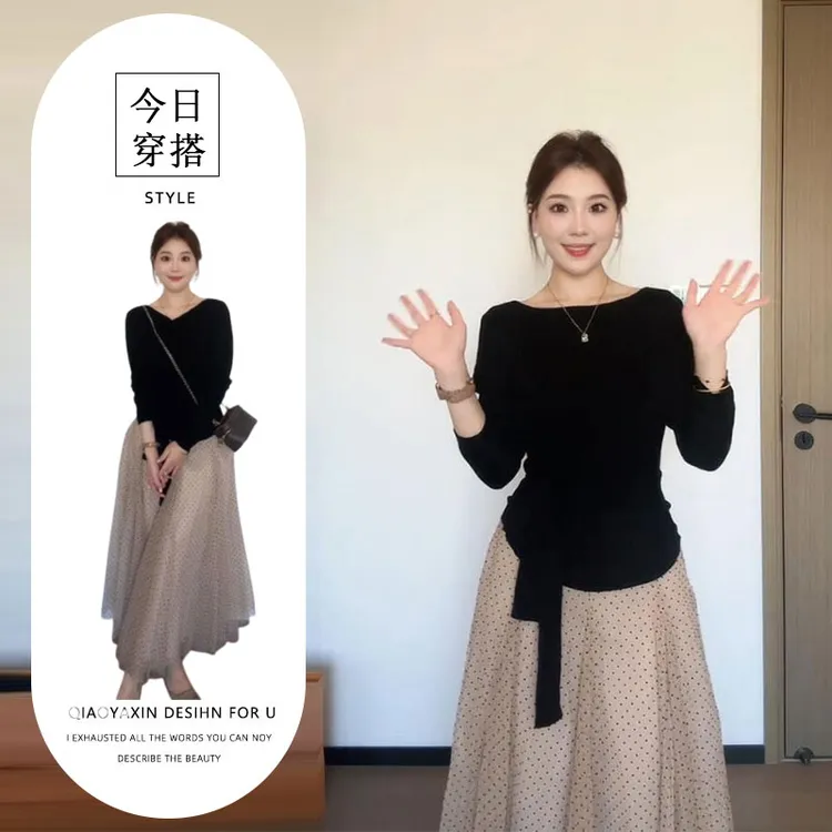 温柔风绑带收腰设计感一字肩上衣女2025新款高腰波点半身裙两件套
