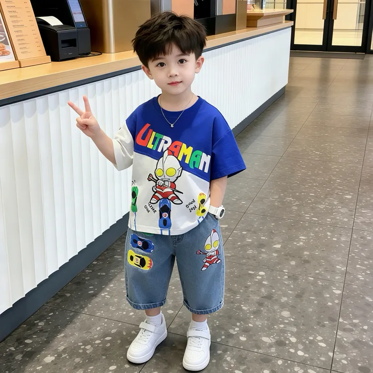 奥特曼衣服男童夏季套装2026新款卡通宝宝痞帅潮酷闪灯两件套潮