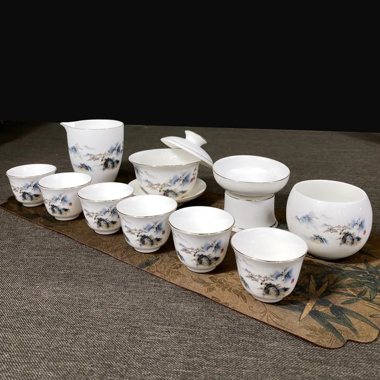 风生水起羊脂玉瓷陶瓷功夫茶具套装办公室客厅家用悬停泡茶杯盖碗