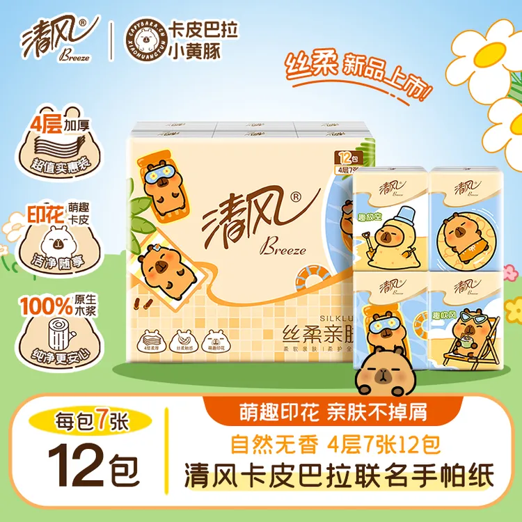 清风卡皮巴拉手帕纸随身装纸巾加厚便携柔软亲肤可湿水加大家用