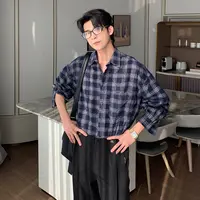 一轩轩轩【罗丹美术馆】秋季休闲设计感超火磨毛格子男长袖衬衫1613