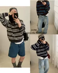 米满满-奶油欧尼（4398#）通勤翻领条纹半扣上衣 
