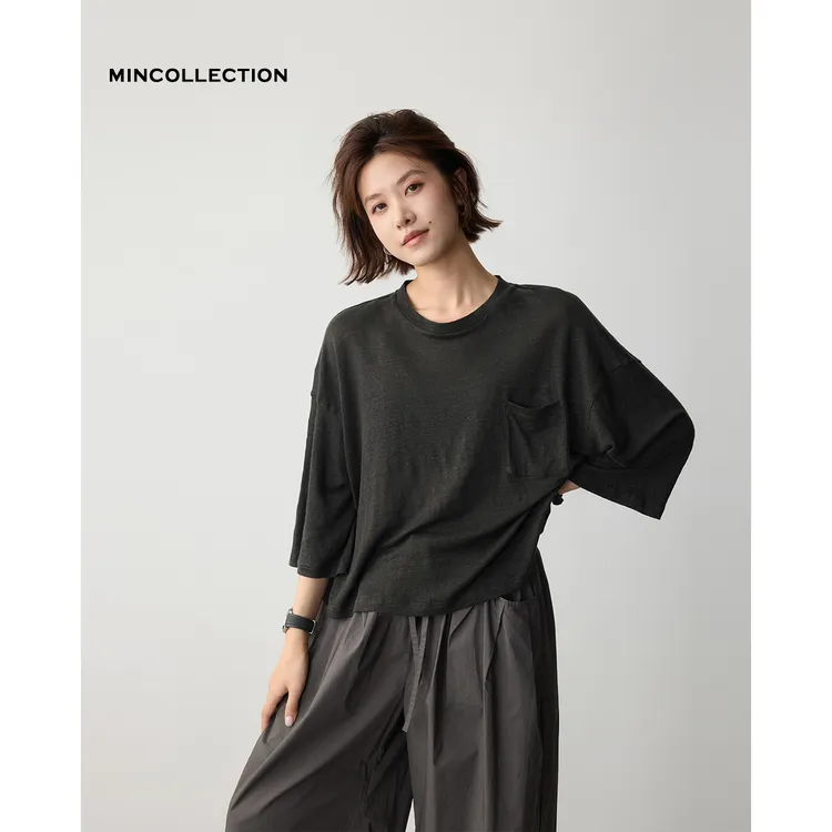 DE Mincollection亚麻口袋T/脏染做旧全亚麻宽松七分袖T恤55058