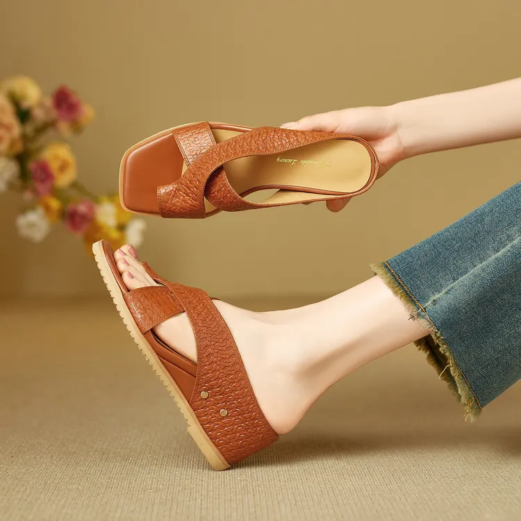 小个子手工女鞋6.5cm~高跟编织一字拖鞋女夏外穿套趾坡跟凉拖鞋