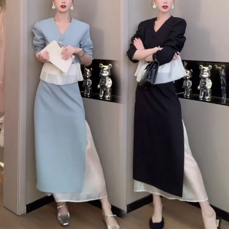 2025秋季拼接新款长袖荷叶半身裙设计上衣显瘦气质套装时尚两件套