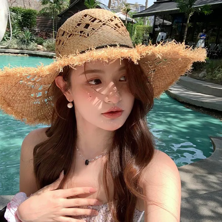 镂空拉菲草帽女夏季新款海边沙滩防晒拍照遮阳大帽檐太阳帽子