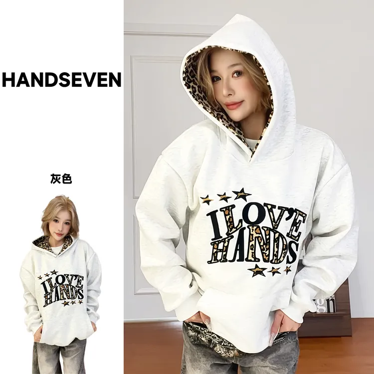 HandSeven美式豹纹重磅卫衣加绒刺绣秋冬连帽卫衣加厚ins百搭外套