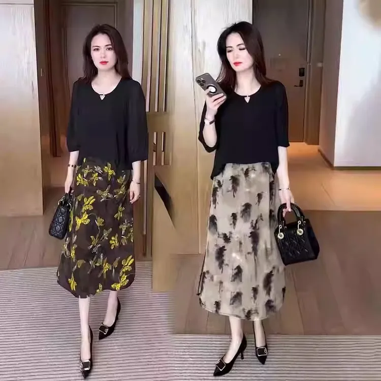 雪纺连衣裙女2025夏季新款时尚洋气中长裙假两件显瘦遮肚碎花裙子