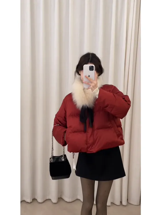 202秋冬新款韩系松弛感毛领保暖棉服外套百搭半身裙气质两件套装