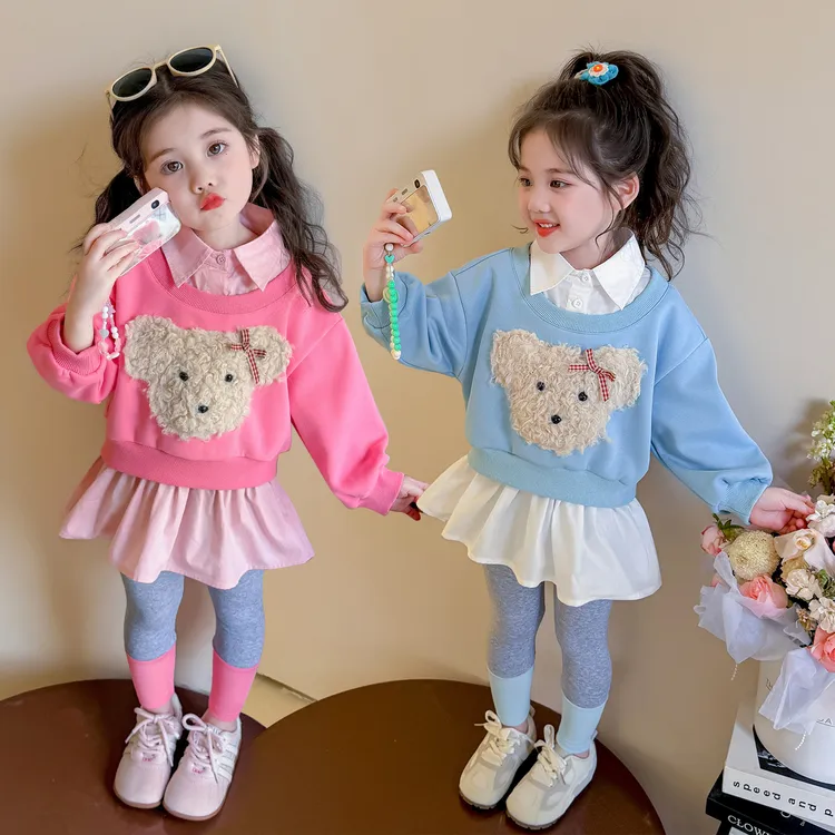 女童假两件卫衣套装卡通洋气小女孩春秋款时髦女宝宝打底裤两件套