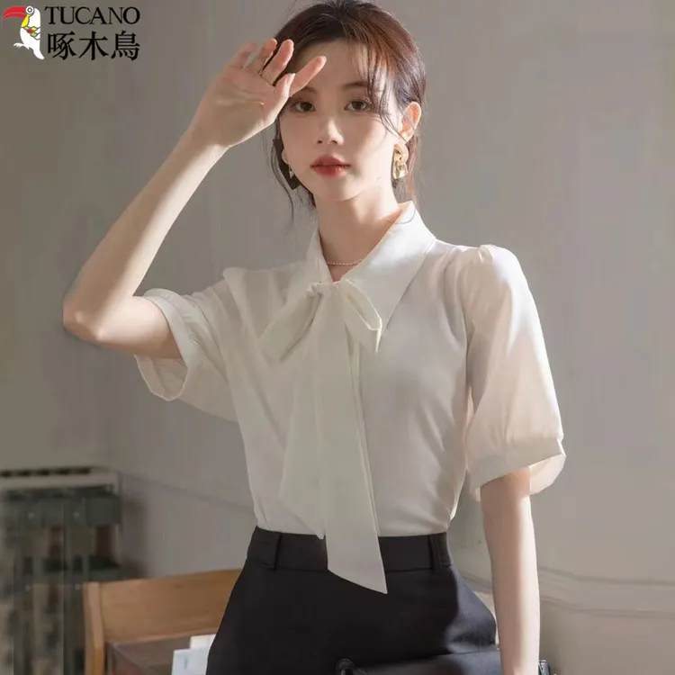 TUCANO/啄木鳥品质女装白色系带港风衬衫夏季设计感时尚短袖衬衣
