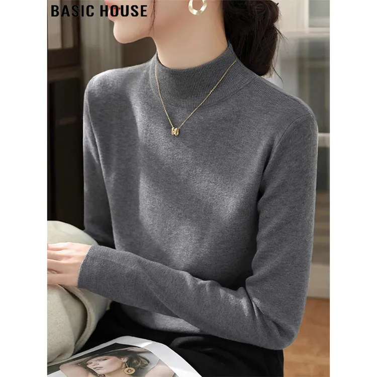 Basic House/百家好半高领针织打底衫女士秋季格雷系内搭灰色毛衣