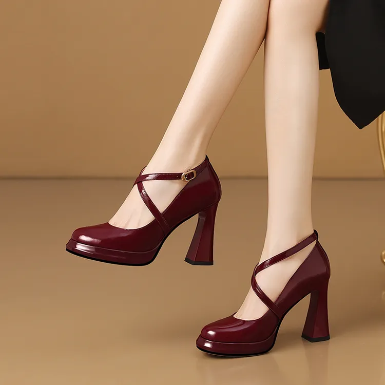 7cm高跟鞋女不累脚高级感红色圆头浅口防水台单鞋厚底粗跟玛丽珍